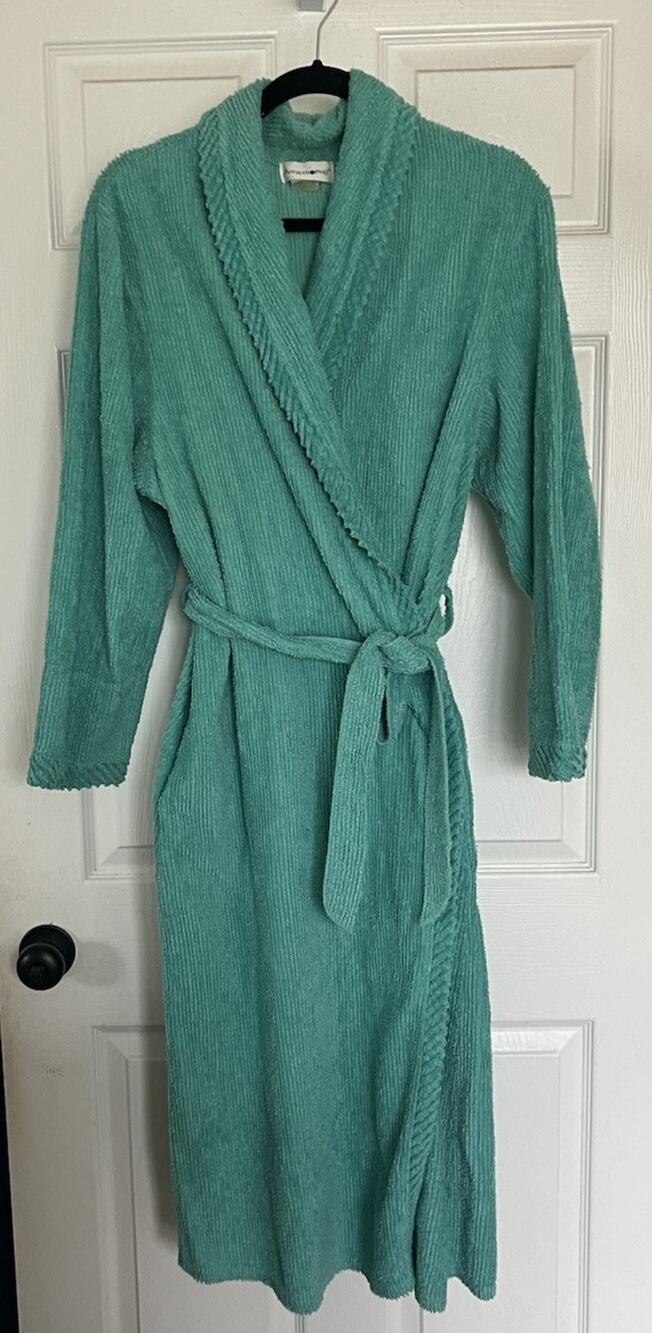 Vintage Apostrophe Chenille Robe Made In USA Teal Green Textured Medium